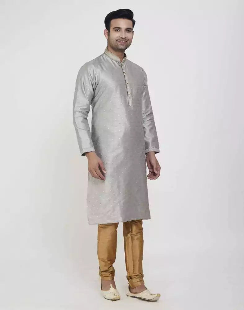 Grey Coloured Self Highlighted Brocade Design Kurta Pajama Set