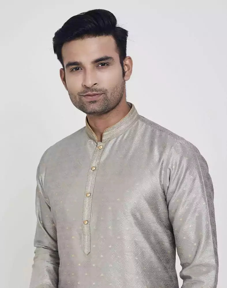 Grey Coloured Self Highlighted Brocade Design Kurta Pajama Set