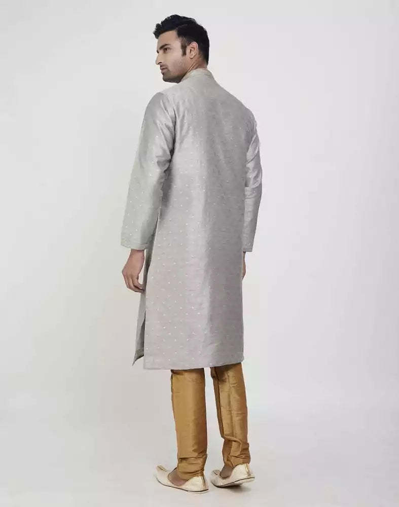 Grey Coloured Self Highlighted Brocade Design Kurta Pajama Set
