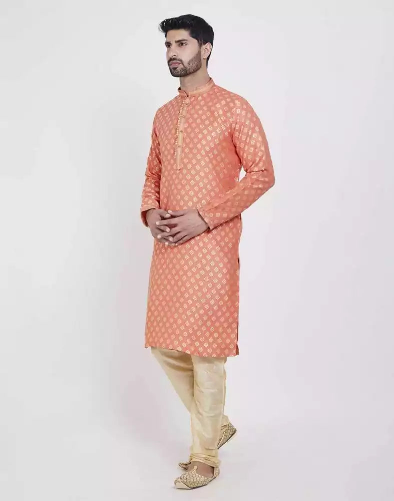 Orange Self Highlighted Brocade Design Kurta Pajama Set