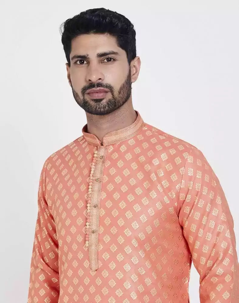 Orange Self Highlighted Brocade Design Kurta Pajama Set