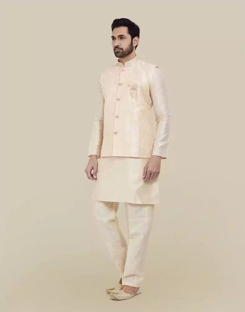 Peach Jacquard With Plain Kurta Set