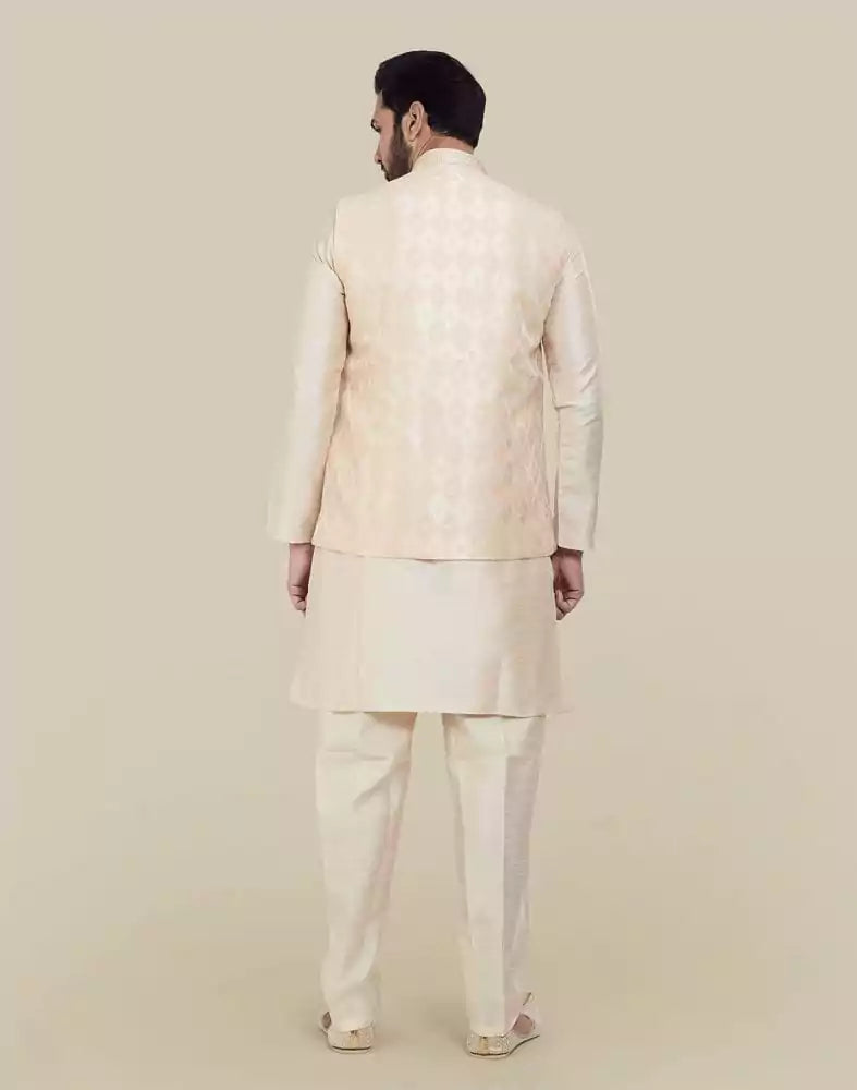 Peach Jacquard With Plain Kurta Set