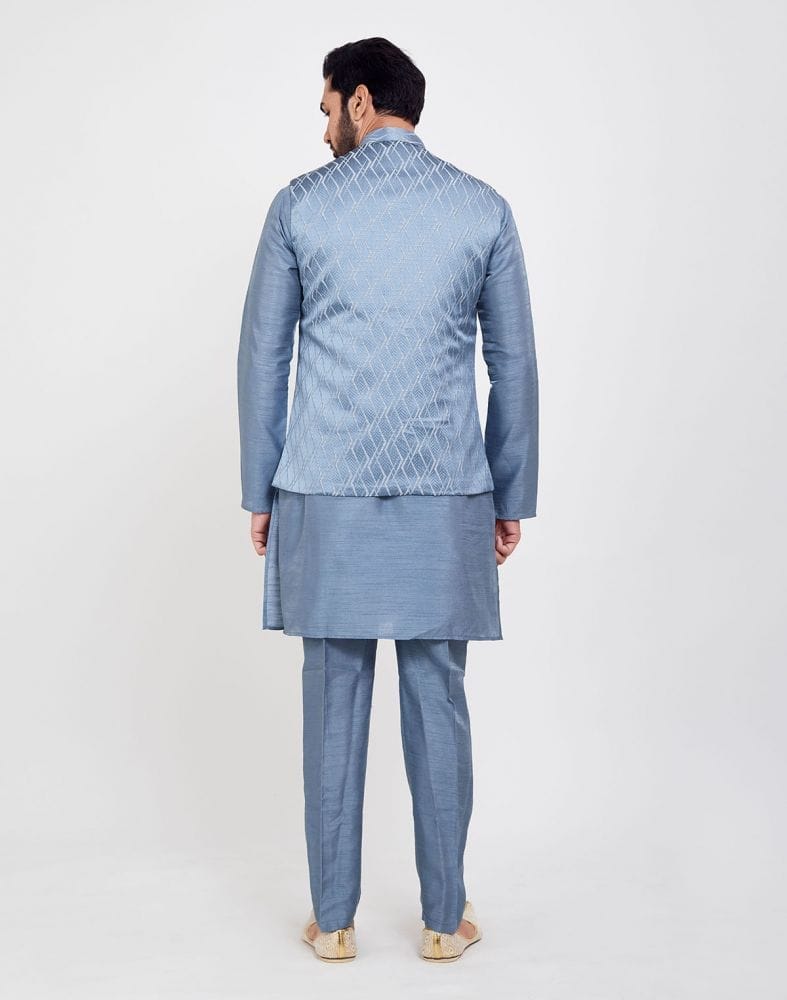 Sky Blue Jacquard 3D Self Plain Kurta Set
