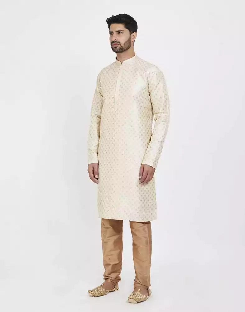 Cream Art Silk Booties Design Kurta Pajama