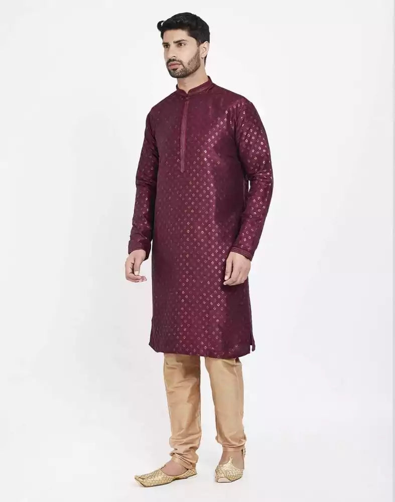 Maroon Art Silk Booties Design Kurta Pajama