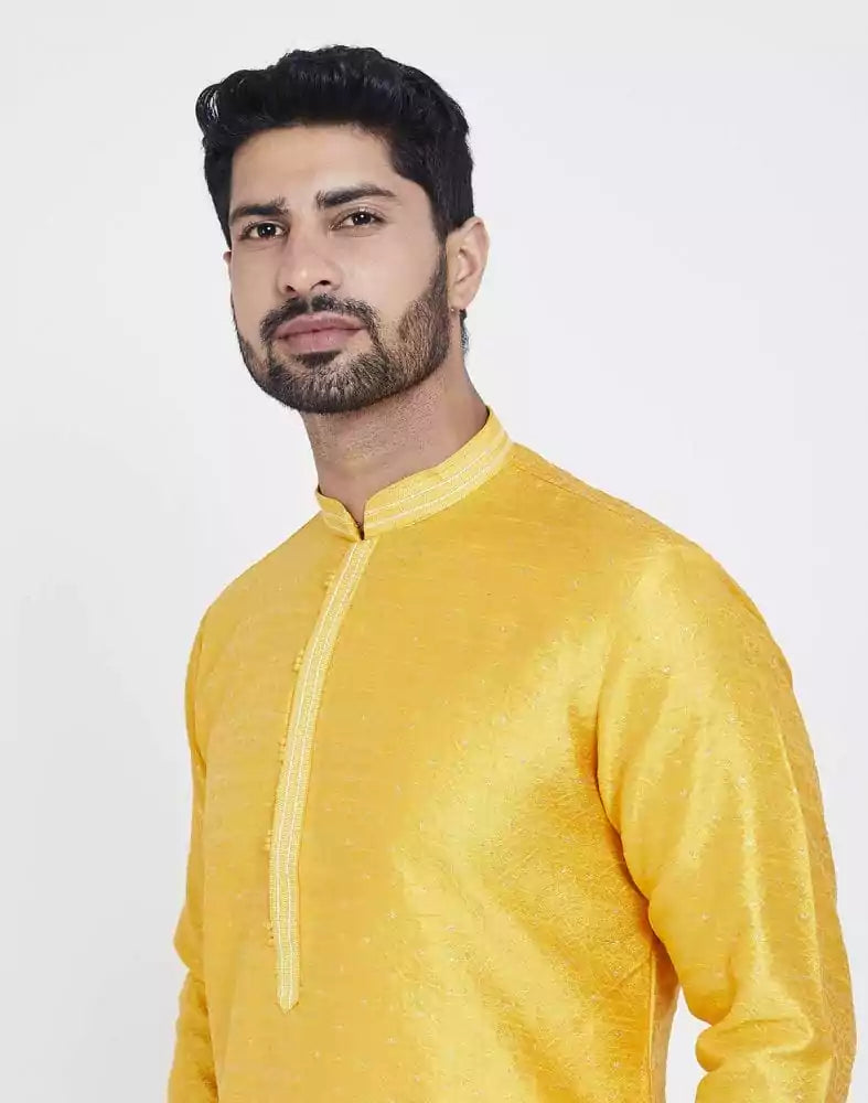 Yellow Impressive Thread And Collar Work Kurta Pajama