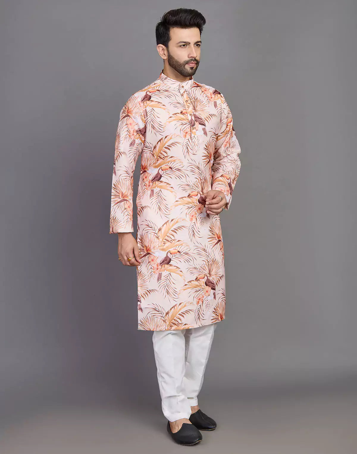 Floral Print Cotton Peach Coloured Party Wear Kurta