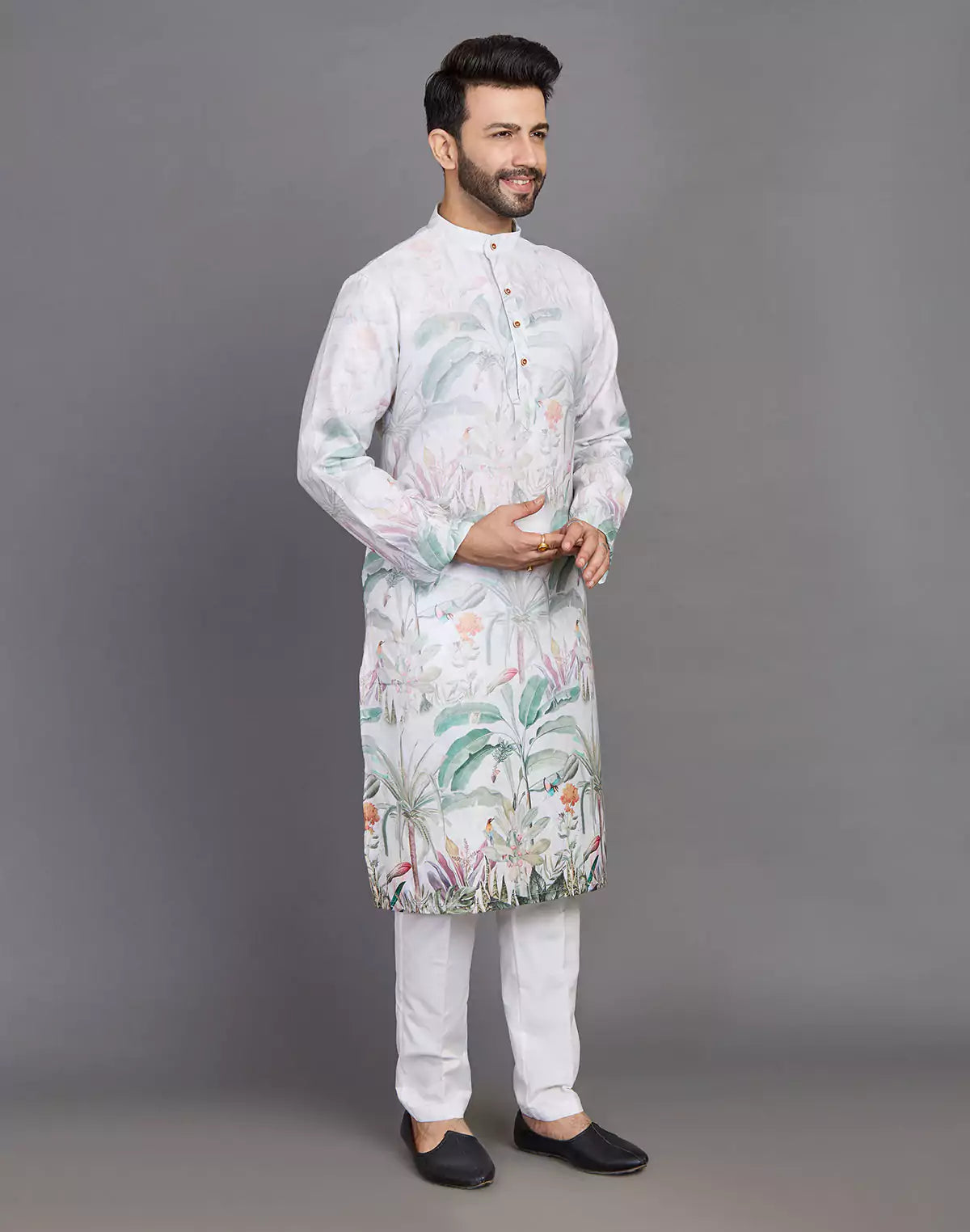 Light Pista All Over Floral Printed Cotton Kurta