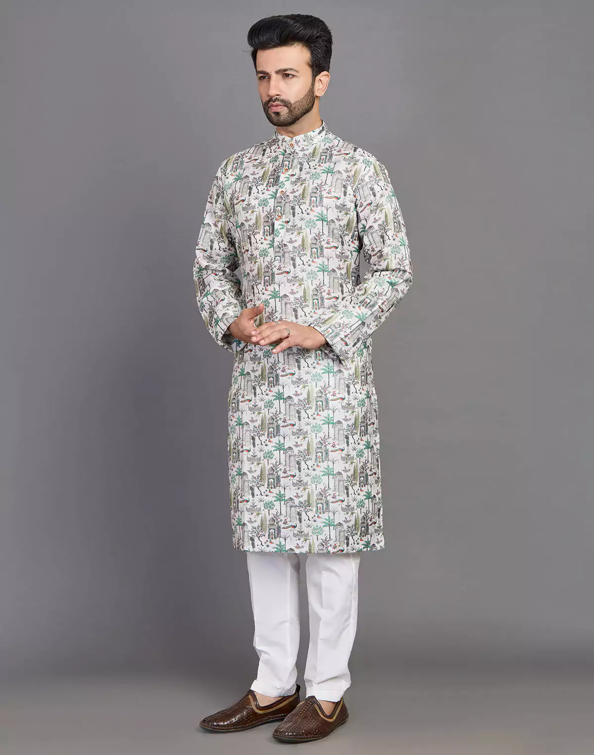 All Over Botanical and Novelty Print Green Cotton Kurta