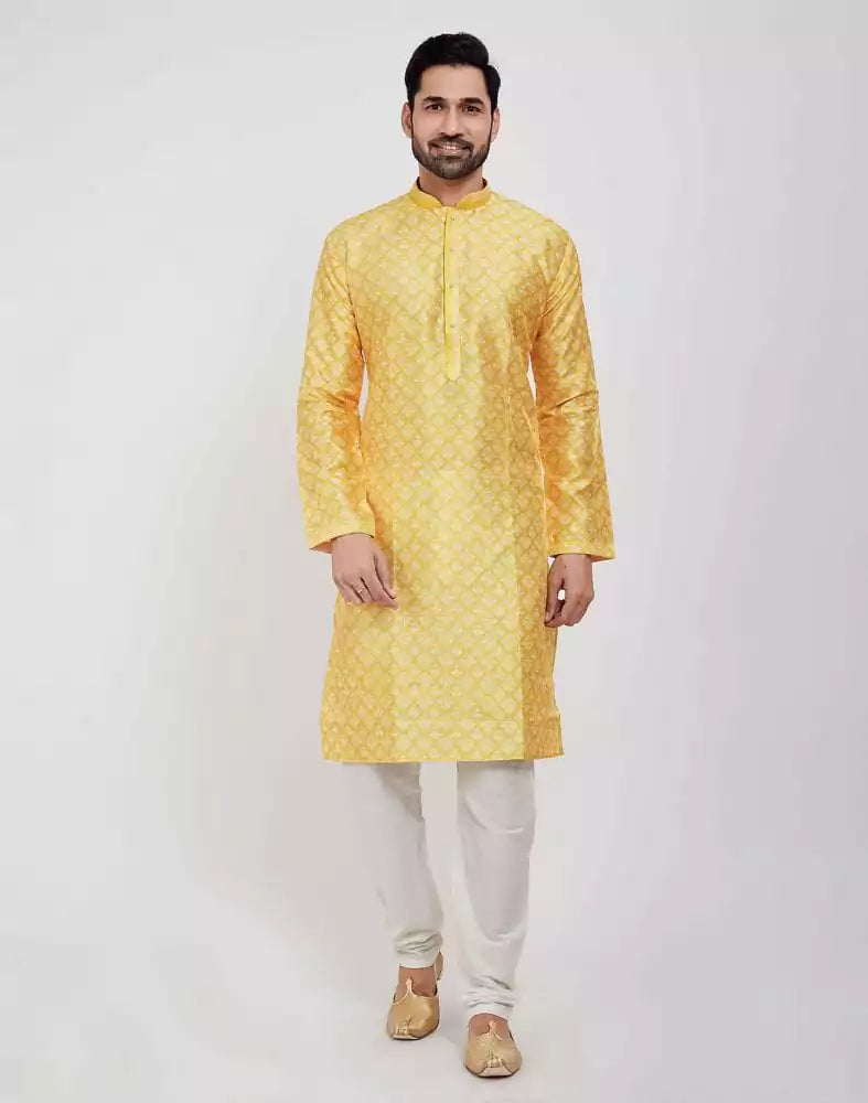 Yellow Jacquard Design Kurta Pajama Set