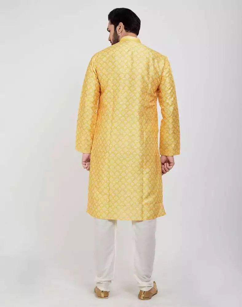 Yellow Jacquard Design Kurta Pajama Set