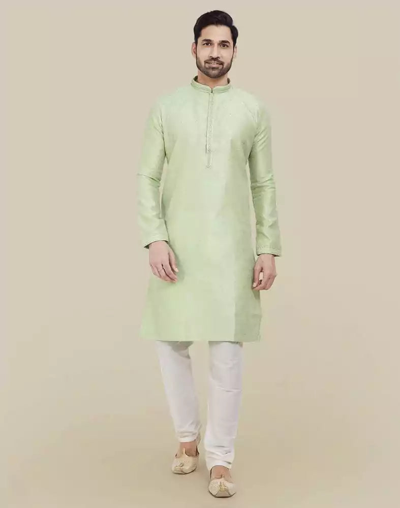 Pista Green Thread & Sequence Work Kurta Pajama Set