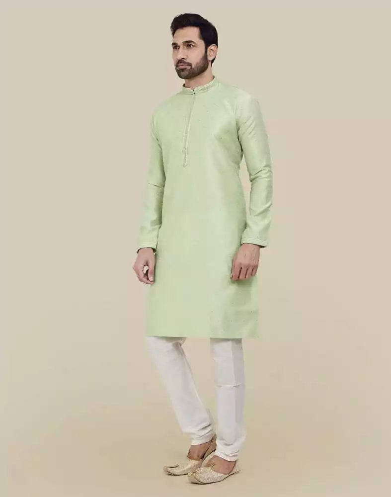 Pista Green Thread & Sequence Work Kurta Pajama Set