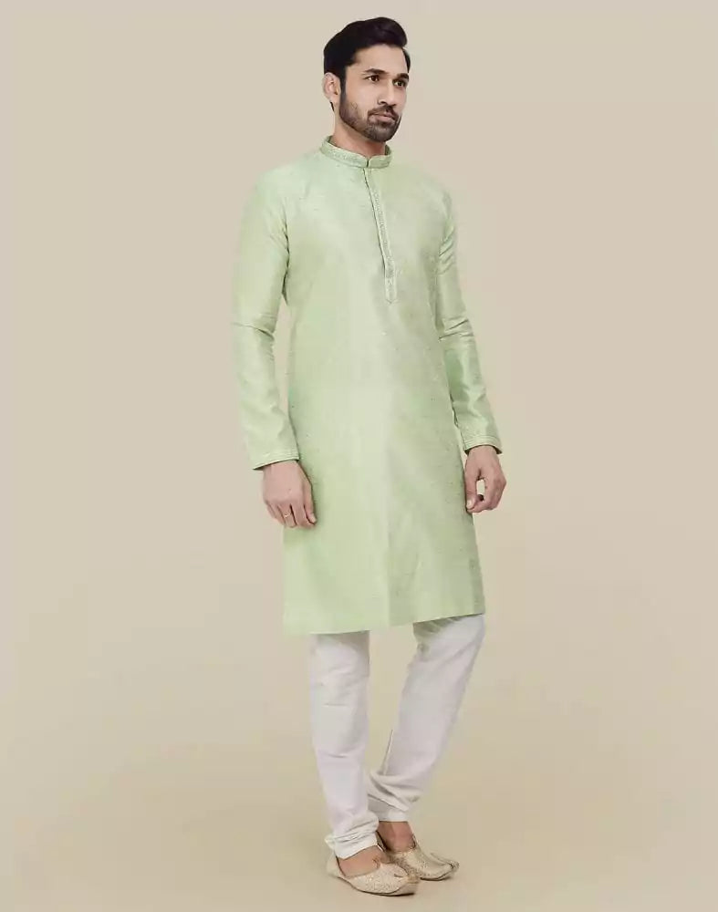 Pista Green Thread & Sequence Work Kurta Pajama Set