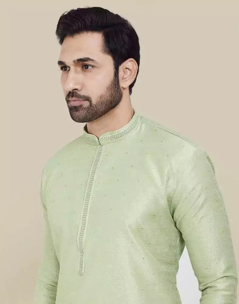 Pista Green Thread & Sequence Work Kurta Pajama Set
