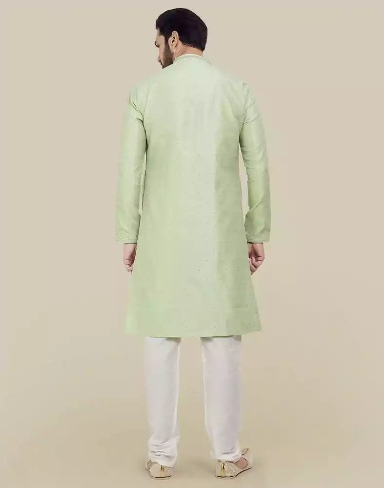 Pista Green Thread & Sequence Work Kurta Pajama Set