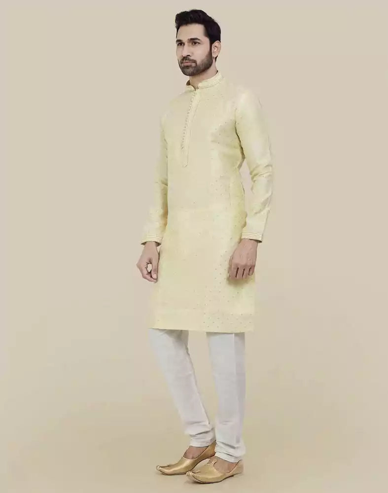 Lemon Self Brocade Jacquard Kurta Pajama Set