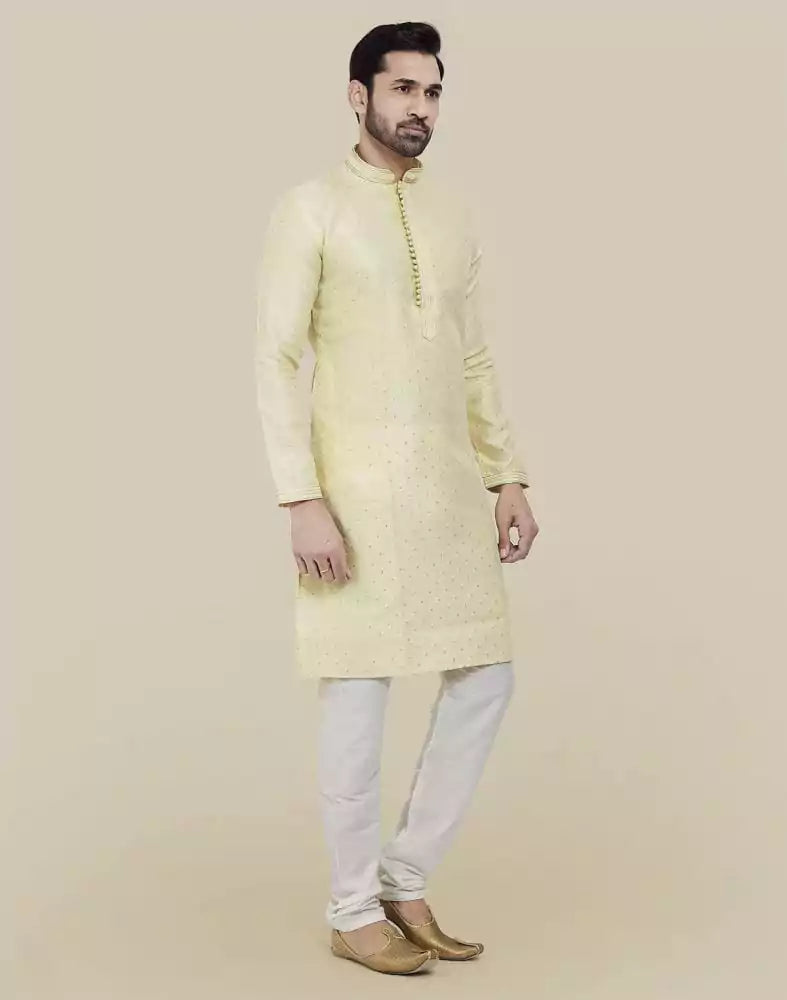 Lemon Self Brocade Jacquard Kurta Pajama Set