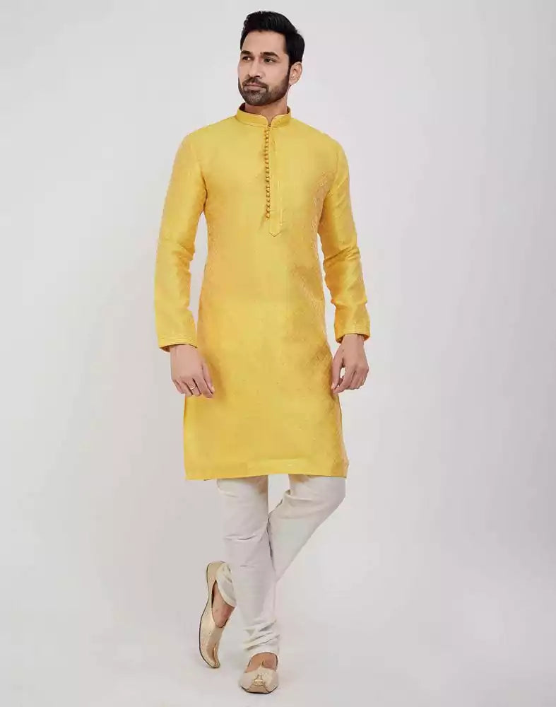 Yellow Self Brocade Jacquard Kurta Pajama Set