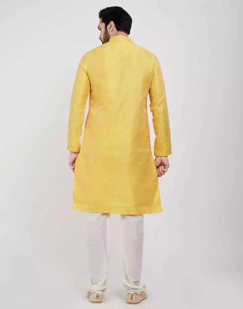 Yellow Self Brocade Jacquard Kurta Pajama Set