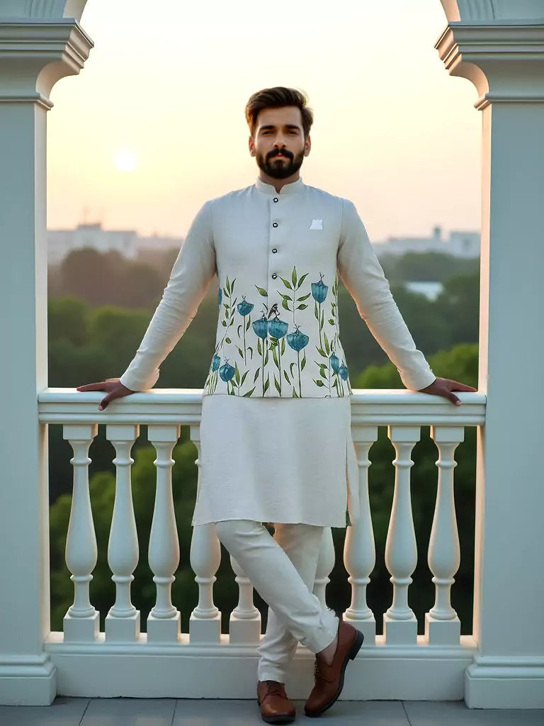 Light Cream Floral Printed Linen Fabric Kurta Jacket Set