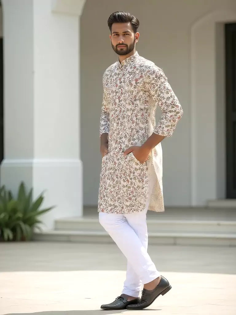 Dark Fawn Floral with Birds Printed Cotton Kurta