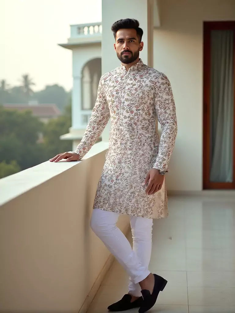 Dark Fawn Floral with Birds Printed Cotton Kurta