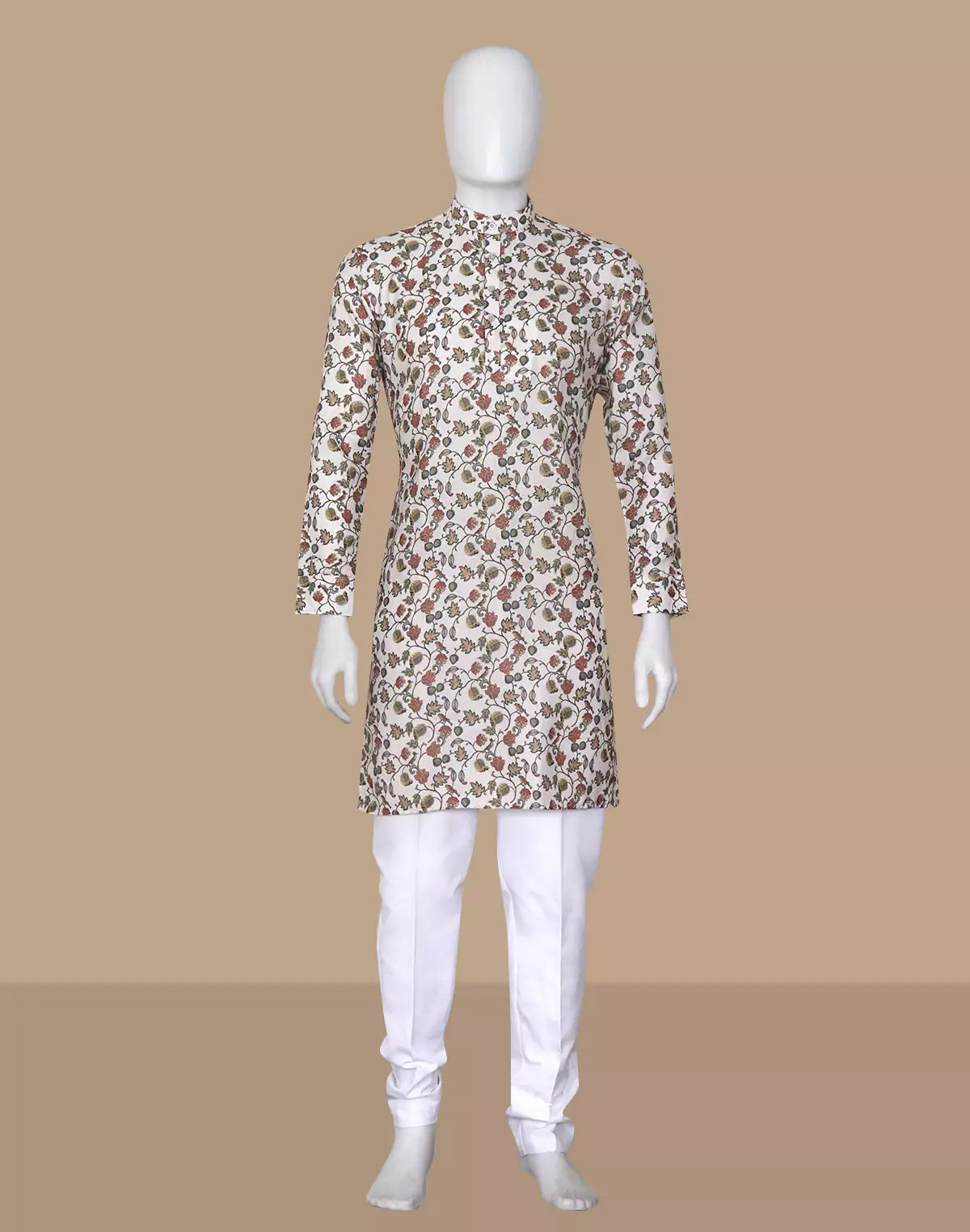 Dark Fawn Floral with Birds Printed Cotton Kurta