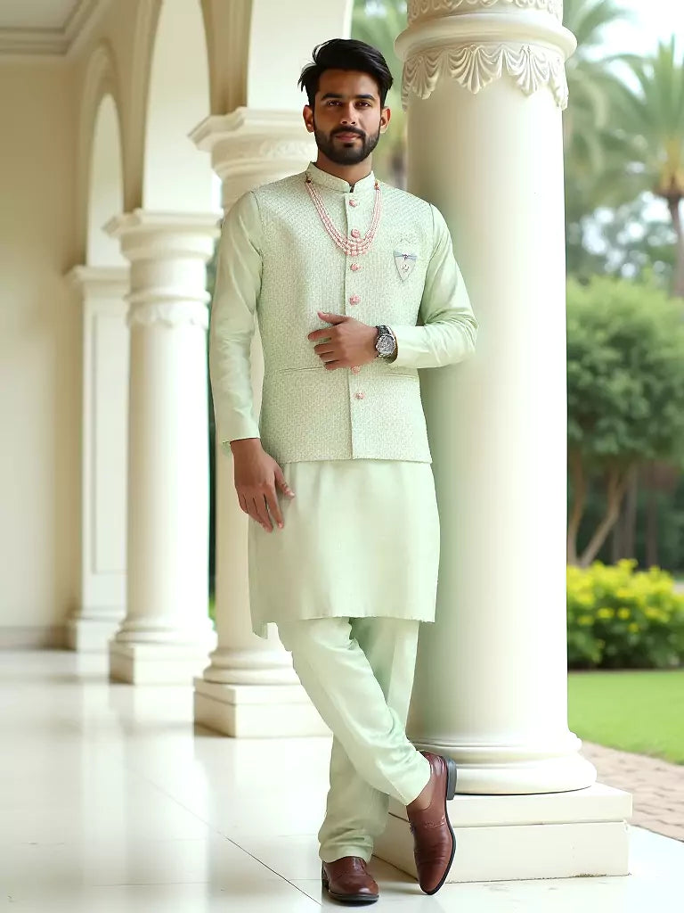 Pista Green Self Design Milky Silk Embellished Work Kurta Set With Mala
