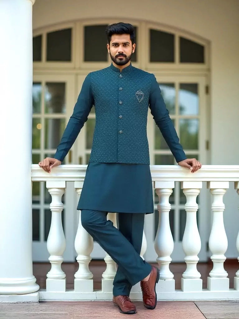 Peacock Self Thread Embroidery Work Milky Silk Kurta Jacket Set