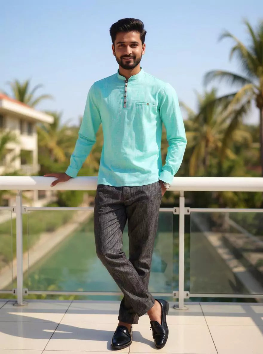 Firozi Colour Linen Plain Short Kurta