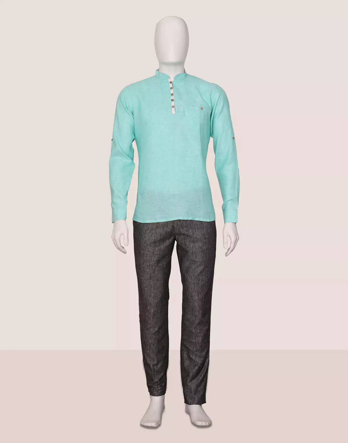 Firozi Colour Linen Plain Short Kurta