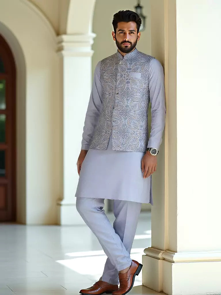 Grey Giza Cotton Thread Embroidery Kurta Jacket Set