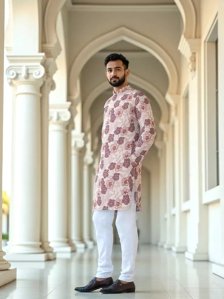 Light Pink Mica Print Floral Design Cotton Silk Kurta