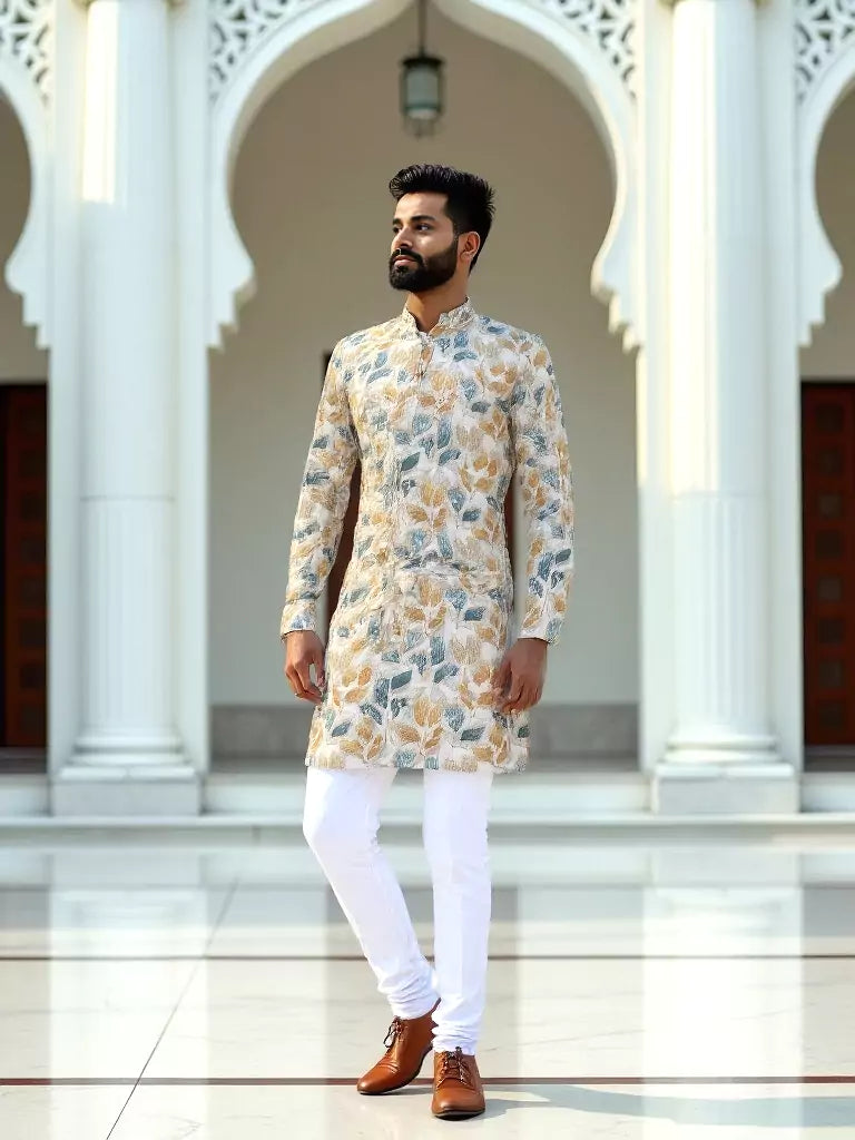 Green Floral Mica Print Cotton Silk Kurta