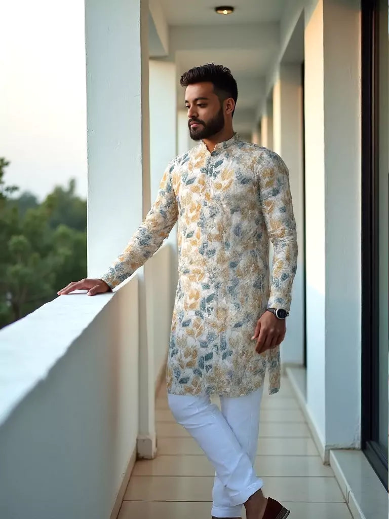 Green Floral Mica Print Cotton Silk Kurta