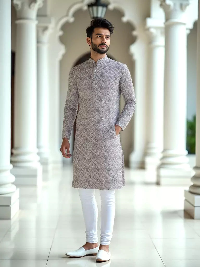 Floral Print Dark Natural Cotton Silk Kurta