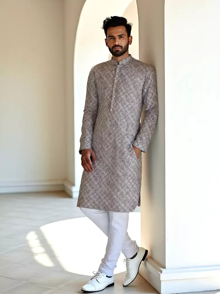 Floral Print Dark Natural Cotton Silk Kurta