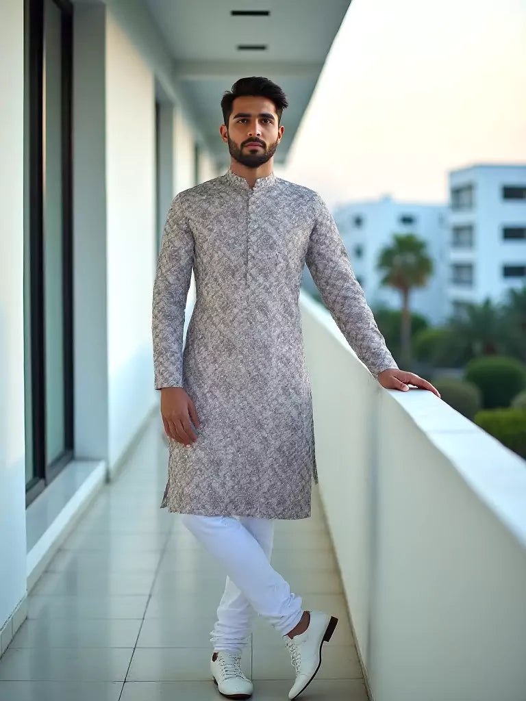 Floral Print Dark Natural Cotton Silk Kurta