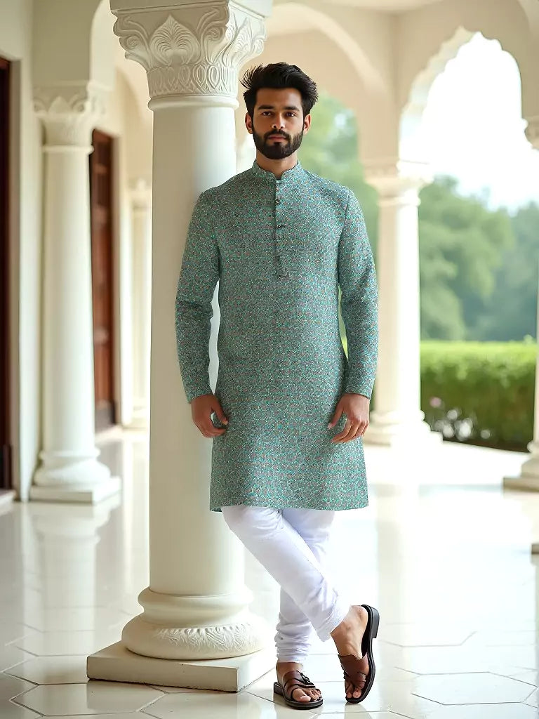 Aqua Green Cotton Floral Printed Kurta