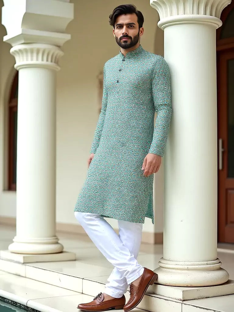 Aqua Green Cotton Floral Printed Kurta