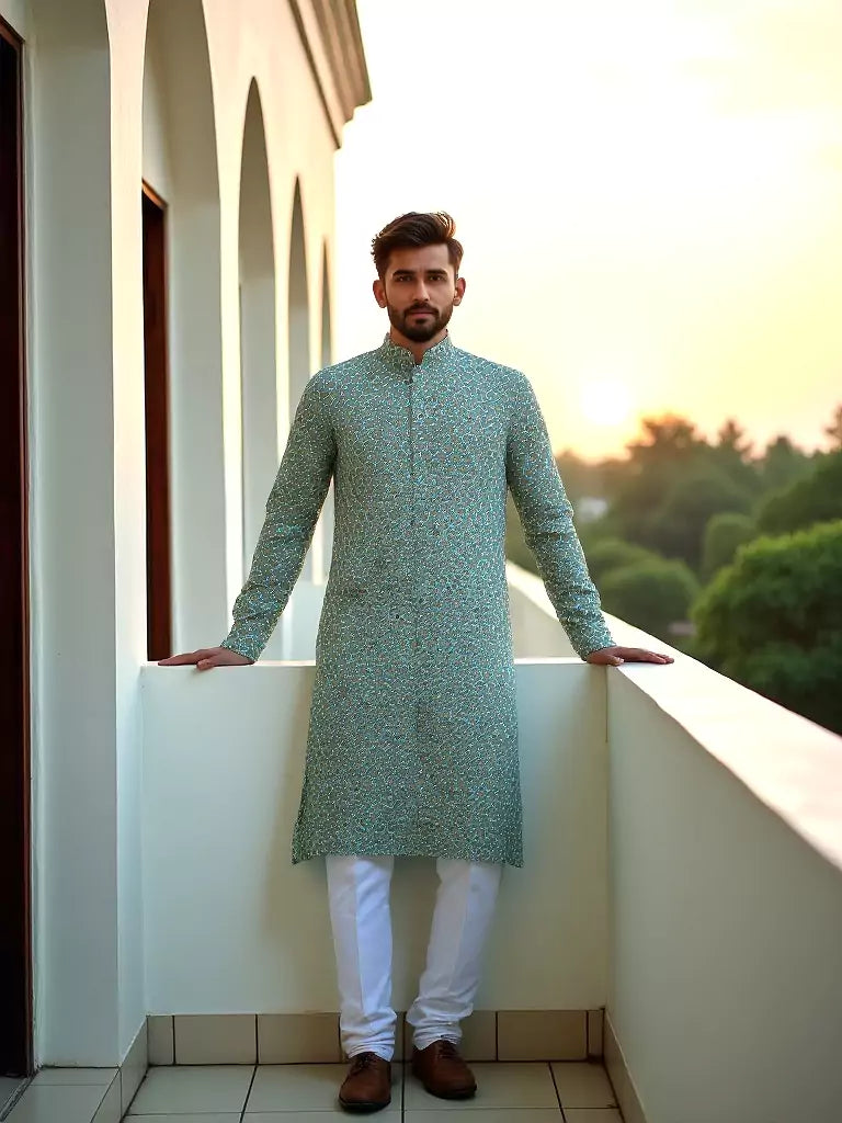 Aqua Green Cotton Floral Printed Kurta