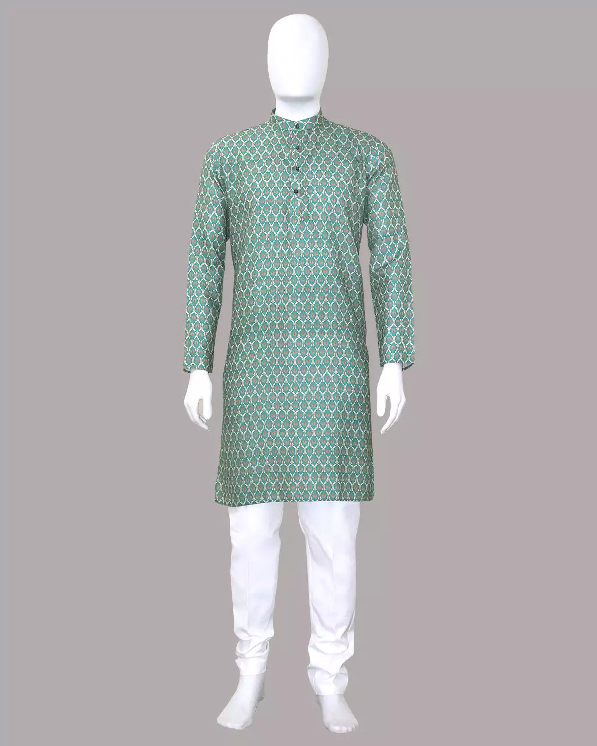 Aqua Green Cotton Floral Printed Kurta