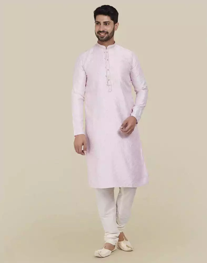 Light Pink Stylish Thread And Sequence Work Kurta Pajama Set