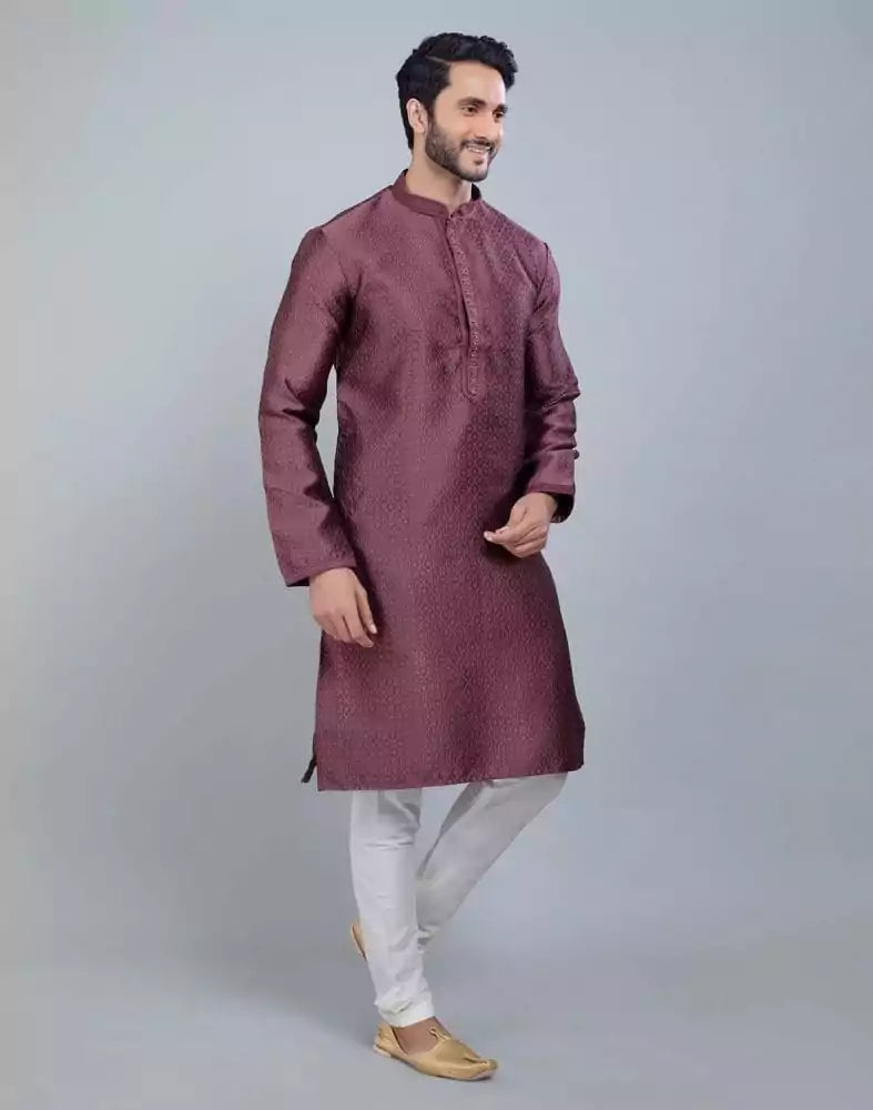 Light Pink Self Jacquard All Over Printed With Thread Work Kurta Set