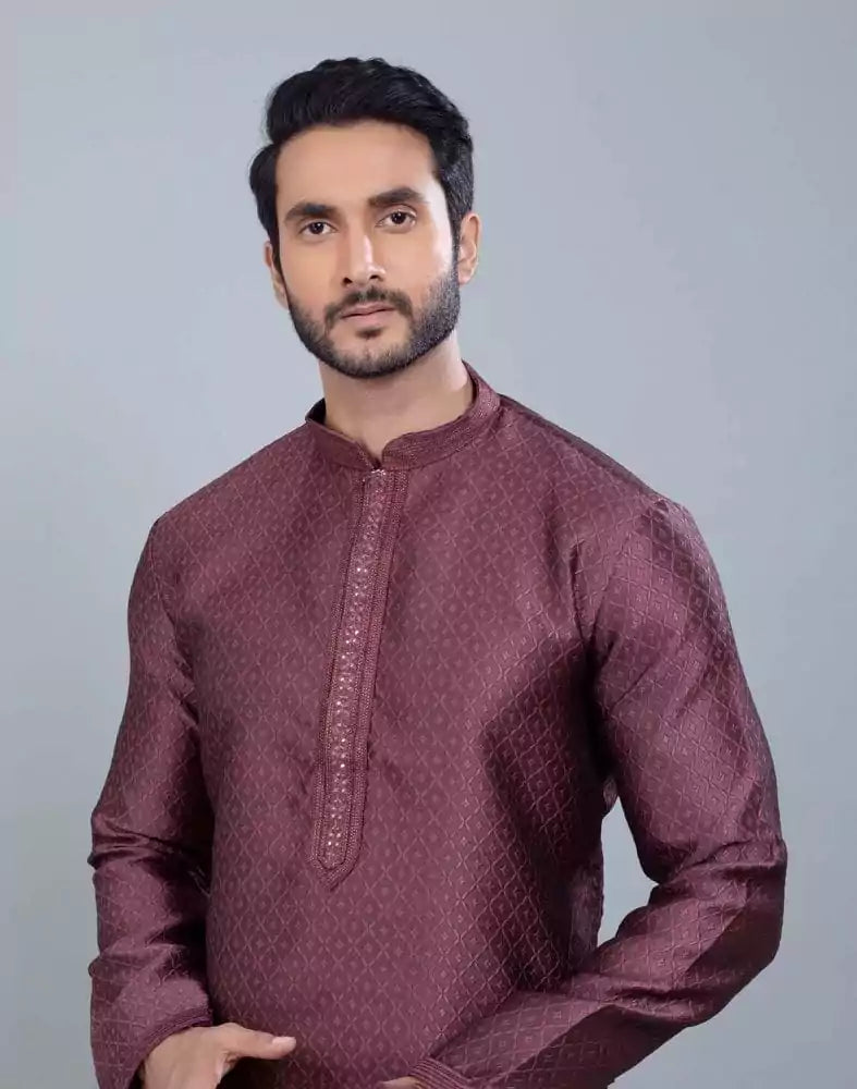 Light Pink Self Jacquard All Over Printed With Thread Work Kurta Set