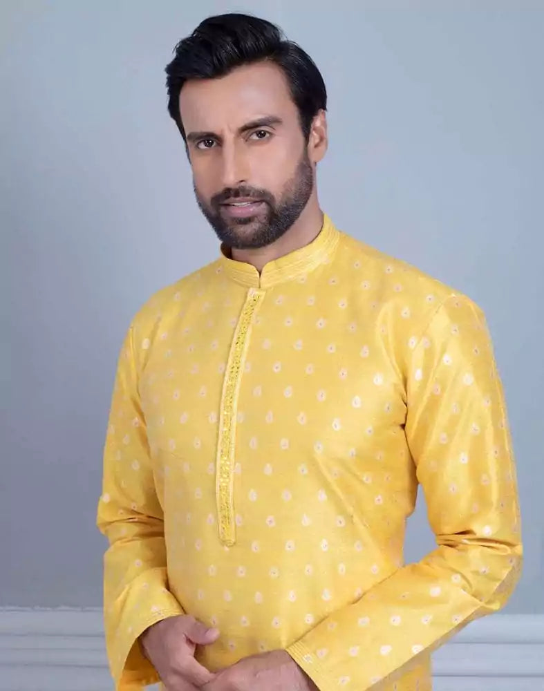 Yellow Soft Silk Luxurious Silver Booti Kurta Set