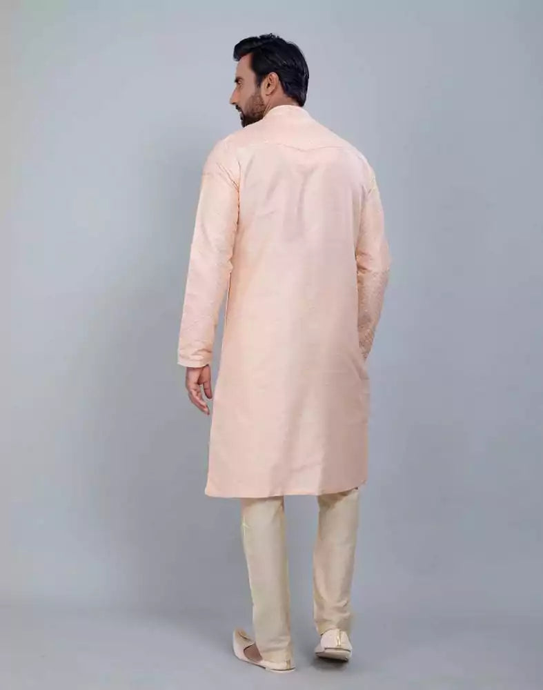 Peach Soft Silk Fabric With All Silver Zari Work Kurta Set