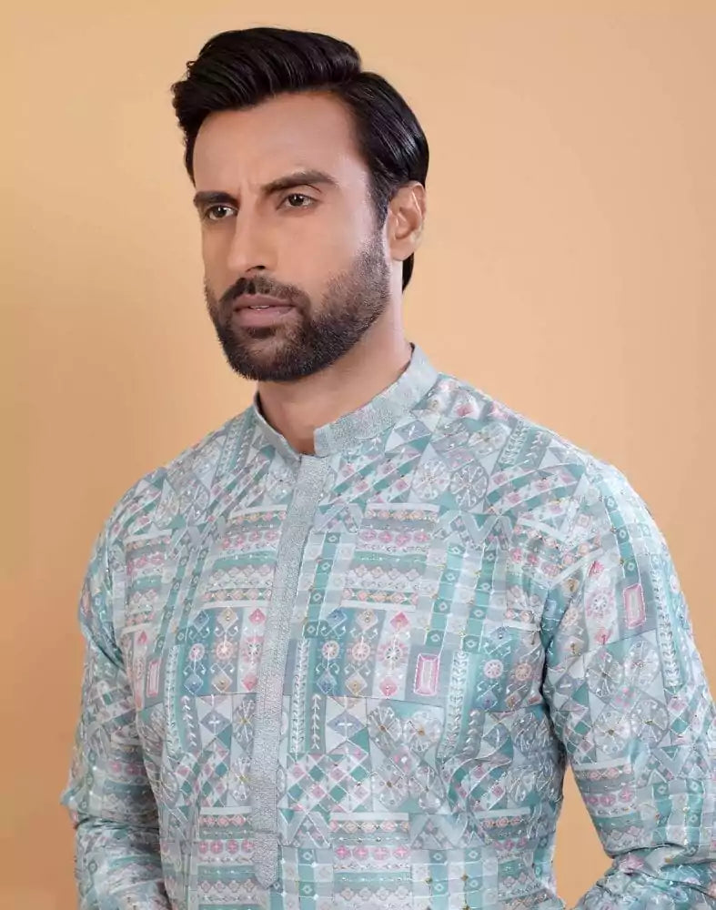 Sky Blue Coloured All Over Printed With Silk Zari Work Kurta Set